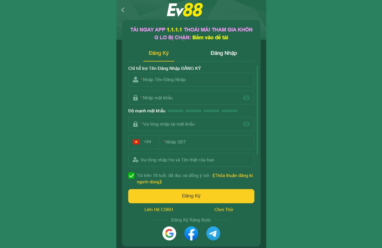 EV88 19 Form điền thông tin đăng ký EV88