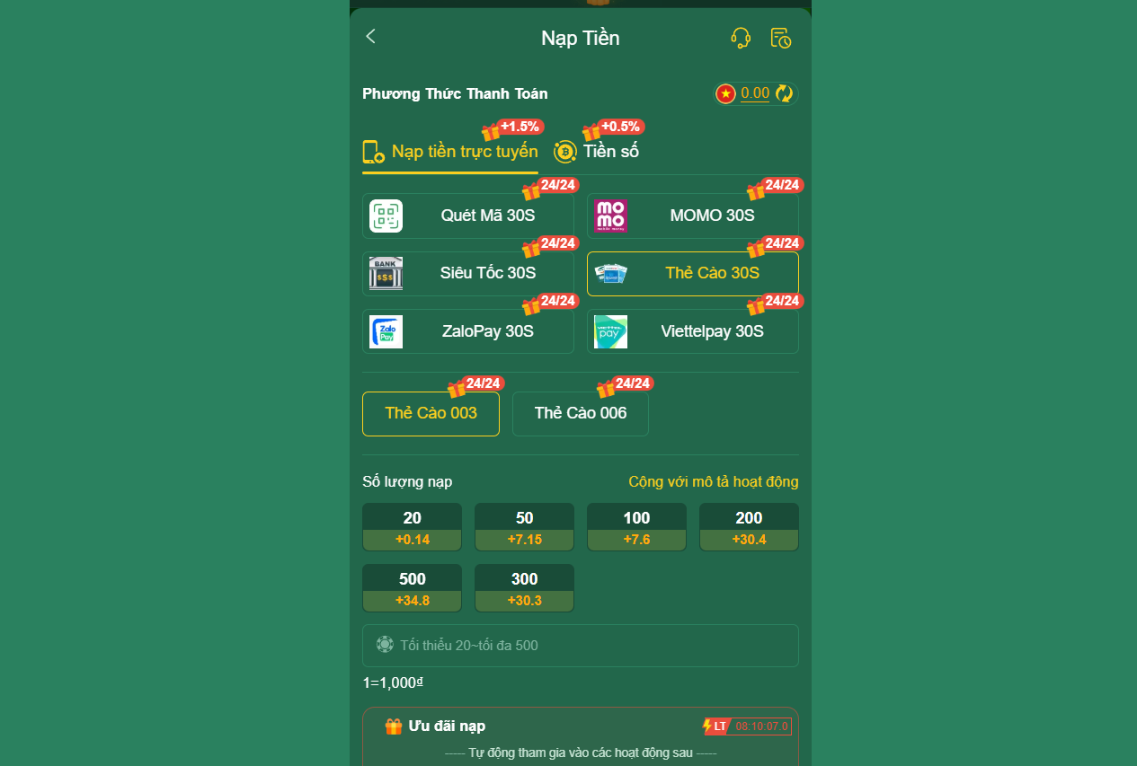 Giao diện nạp tiền EV88 bằng thẻ cào điện thoại yêu cầu tối thiểu 20000 đồng